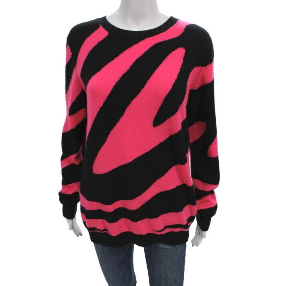 Brodie Womens Cashmere Animal Print Crew Neck Pullover Sweater Black Size S